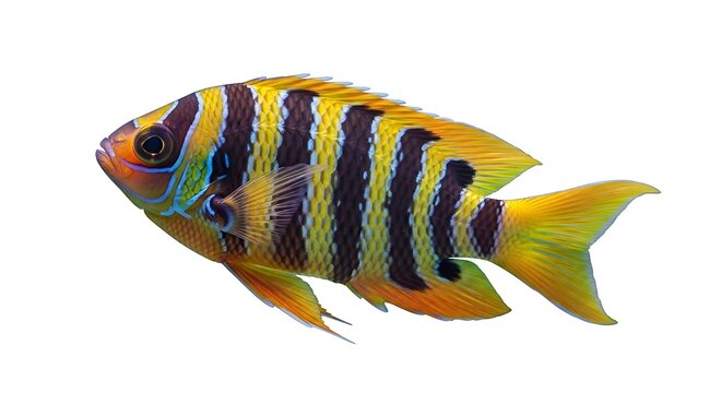 Colorful Striped Sergeant Major Damselfish Isolated on White Background