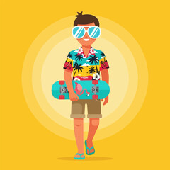 Walking Young Man Holds Colorful Skateboard in Summer Shirt on Sunny Yellow Background