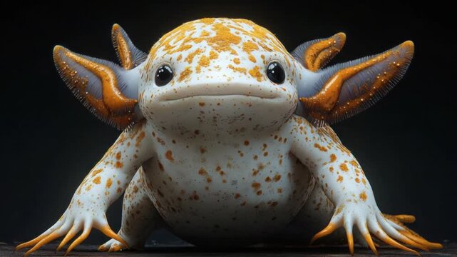 Charming salamander with orange markings, dark eyes, and feathery gills in front