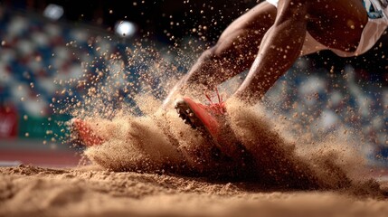 Athlete landing in sandpit during long jump