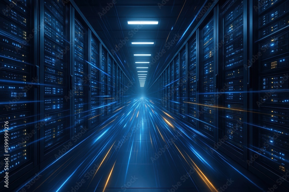 Poster data center: a high-tech server room with rows of powerful computers and blinking lights, representi