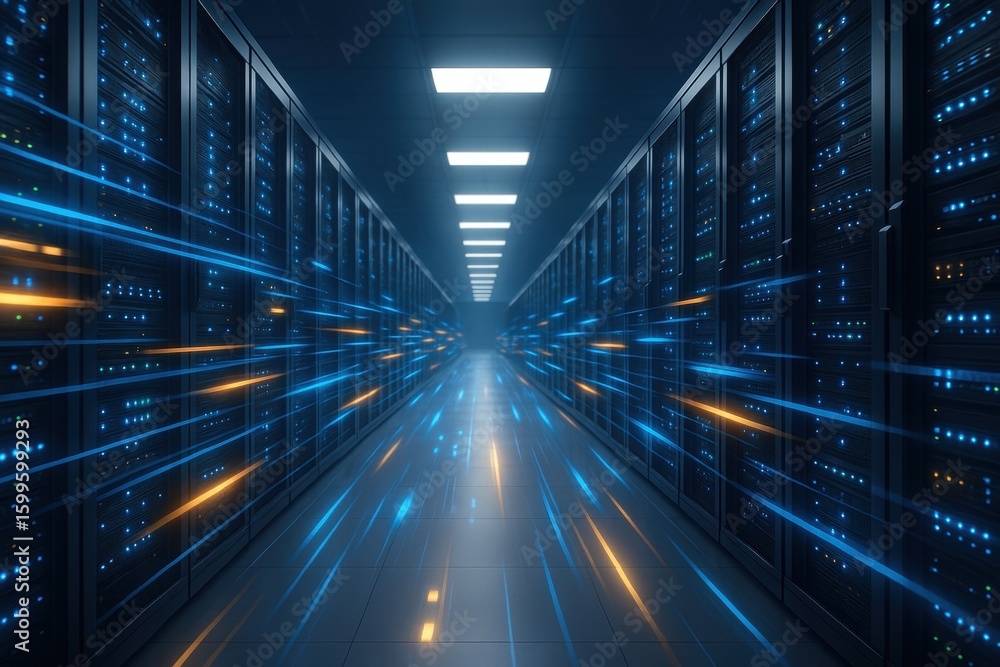 Poster data center hallway: a mesmerizing view of a data center hallway, rows of servers creating a visual 