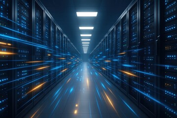 Data Center Hallway: A mesmerizing view of a data center hallway, rows of servers creating a visual symphony of technology and innovation, bathed in a cool blue and golden light.