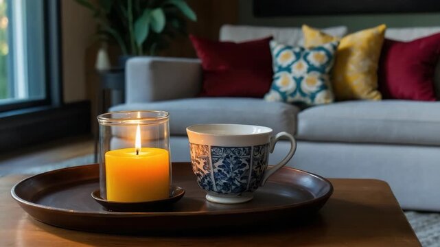 Cozy living room interior with lit yellow candle and patterned teacup on wooden tray. Home decor, interior design, relaxation, indoors, warm light.