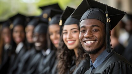 A diverse group of graduates in caps and gowns, smiling and posing for a photo.