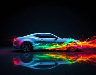 Sleek Sports Sedan with Colorful Shooting Star Trail