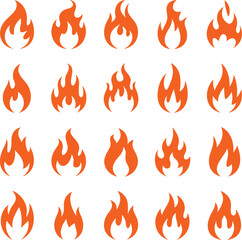 Collection of Fifteen Vibrant Orange Flame Icons on a White Background, Isolated and Distinct