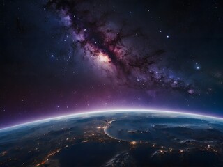 Fototapeta premium Earth from Space Viewing Bright City Lights Under Starry Night Sky with Milky Way