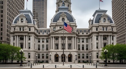 Naklejka premium Grand Classical Building Facade with American Flag