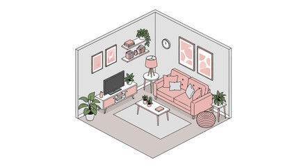Cozy living room interior with pink sofa and decor