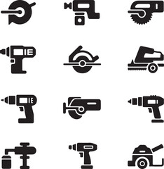 Black silhouette icons of power tools drills saws