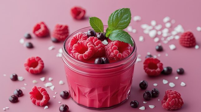 Jar of raspberry smoothie with fresh berries and mint leaves on a pink background fruit