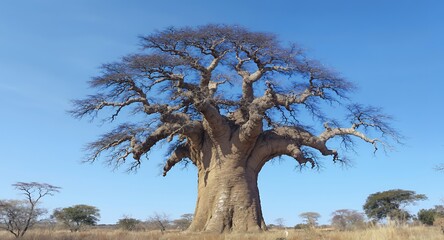 Giant African Baobab Tree in Savanna Landscape under Clear Blue Sky