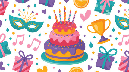 Colorful Birthday Party Pattern Cake, Gifts, Mask, Trophy, Hearts, Notes, and Orange Slices Seamlessly Repeated