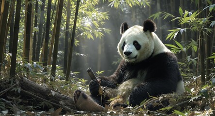 Giant Panda in Bamboo Forest Relaxing and Eating