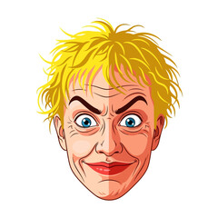 Cartoon Villain with Blonde Hair Smirking Suspiciously on White Background