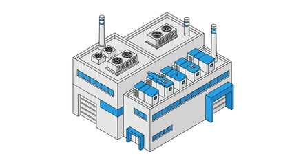 industrial building with cooling units and chimneys for manufacturing