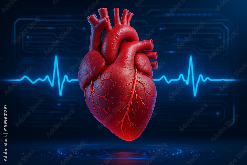 Poster ai generated digital heart with glowing arteries and futuristic ekg display symbolizing real time bi