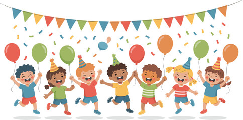 Fototapeta premium Colorful Cartoon Children Celebrating with Balloons, Confetti, and Party Hats Under Triangle Banner