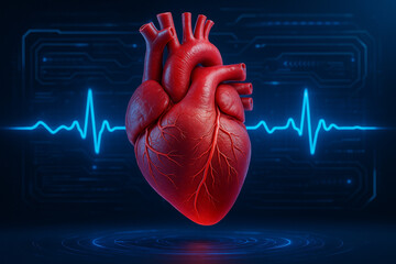 AI generated digital heart with glowing arteries and futuristic EKG display symbolizing real time biotechnological life analysis and advanced medical diagnostics in sci fi style