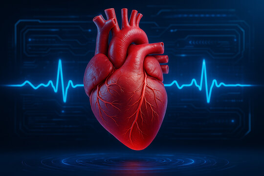 AI generated digital heart with glowing arteries and futuristic EKG display symbolizing real time biotechnological life analysis and advanced medical diagnostics in sci fi style