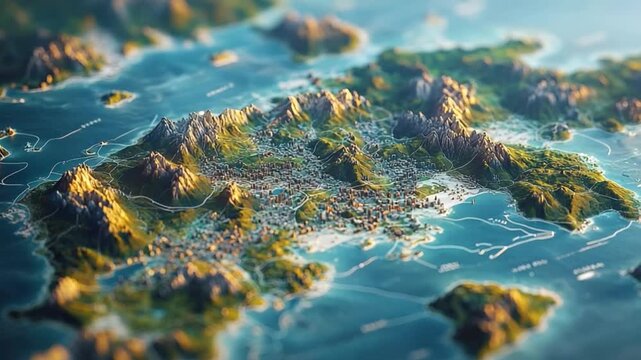 Aerial view of a detailed miniature city map, highlighting geographic features such as mountains, coastlines, and interconnected pathways.