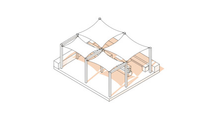 isometric view of modern outdoor shading structure with fabric canopies