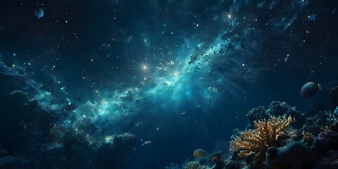 Fototapeta premium Underwater Coral Reef Scene with Bright Galaxy and Colorful Fish in Deep Ocean