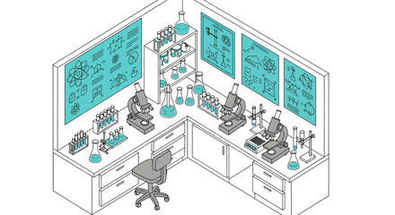 Naklejka premium laboratory workbench with microscopes and chemical test tubes for scientific research