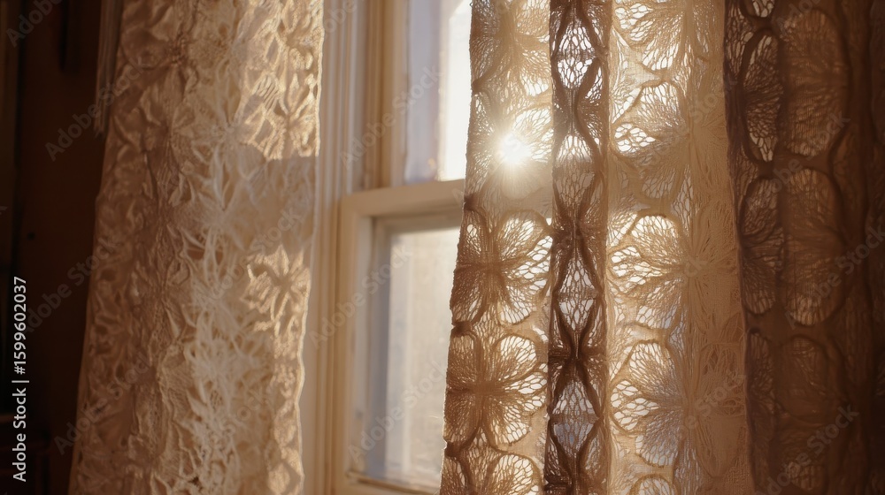 Poster sunlight streams through lacy curtains.