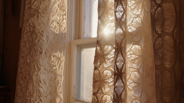 Sunlight streams through lacy curtains.