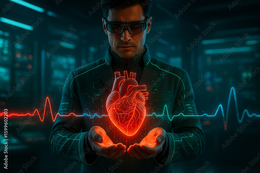 Poster ai generated digital artwork of a glowing human heart floating above open hands of a doctor with red