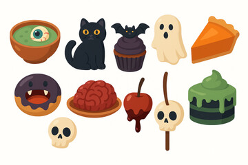 Fototapeta premium Set of spooky Halloween foods flat vector icons on white background