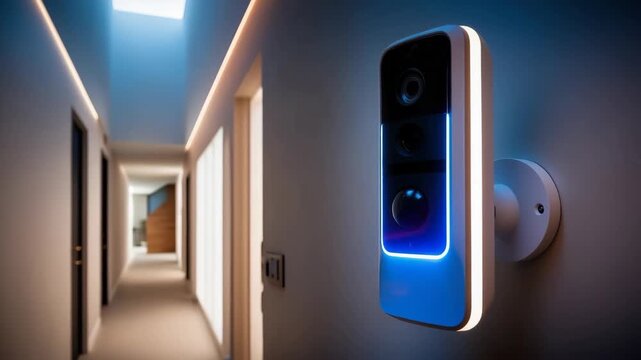 Smart home security camera system on wall in a hallway for security, technology and home automation. Modern, surveillance and safety.