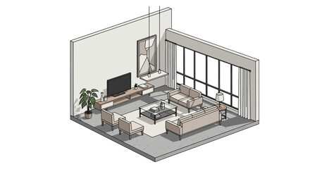 modern living room with large windows and furniture