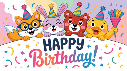 Fototapeta premium Cute Cartoon Animals Wearing Birthday Hats Holding a Happy Birthday Banner for Celebrations