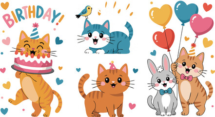 Naklejka premium Cute Cartoon Birthday Cats, Rabbit, Bird, Party Hat, Balloons, Hearts, Illustration, Celebration