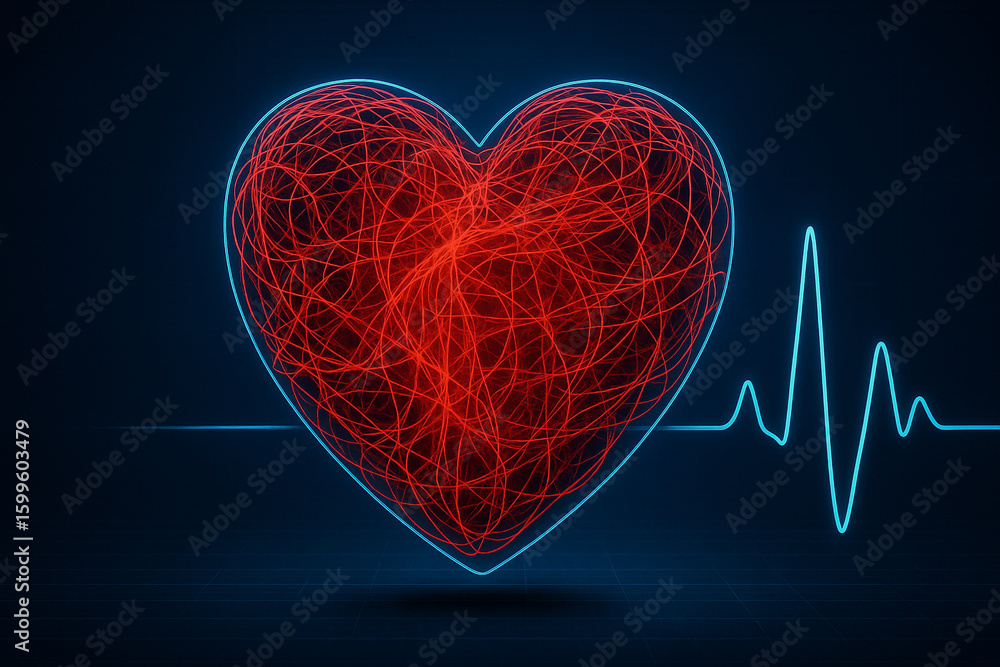 Poster ai generated abstract digital heart with glowing red fibers and blue ecg wave, symbolizing life comp