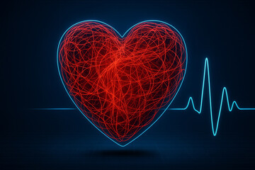 AI generated abstract digital heart with glowing red fibers and blue ECG wave, symbolizing life complexity and medical technology in a futuristic context