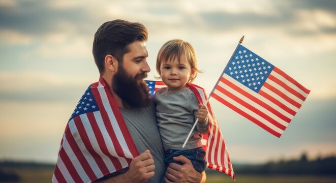 Father and Child Celebrate Independence Day with American Flags - Powered by Adobe