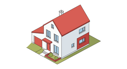 two-story house with red roof and white walls for real estate