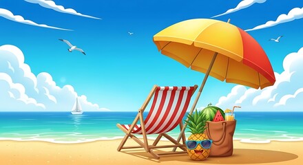 Relaxing beach scene with lounge chair umbrella and tropical drink on a sunny day