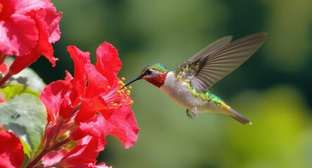Hummingbird in Flight Feeding on Red Flower Nature Photography