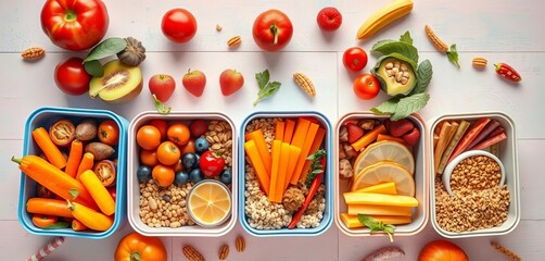 Vibrant lunch boxes overflow with colorful fruits, vegetables, and grains on a pastel table,   stock photo,   lunchbox ideas