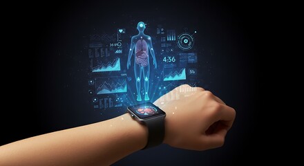 Futuristic Fitness Tracking Health Metrics with Holographic Smartwatch Tech