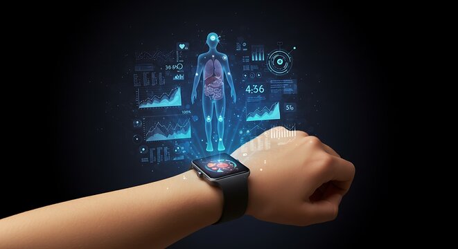 Futuristic Fitness Tracking Health Metrics with Holographic Smartwatch Tech