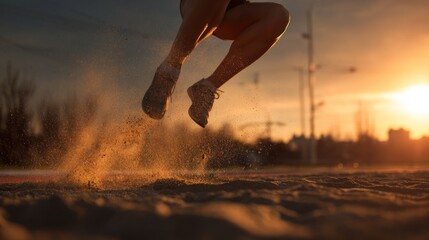 Athlete jumping long jump sunset