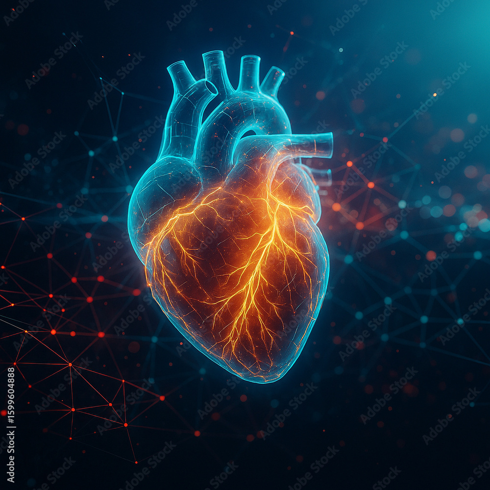 Poster ai generated glowing human heart with golden bioenergy and cybernetic connections in dark futuristic