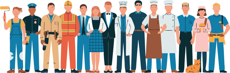 Fototapeta premium Diverse Group of Illustrated People Representing Various Professions Standing Together with Tools and a Cat