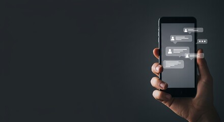 Hand Holding Smartphone with Messaging Icons and Ample Copy Space
